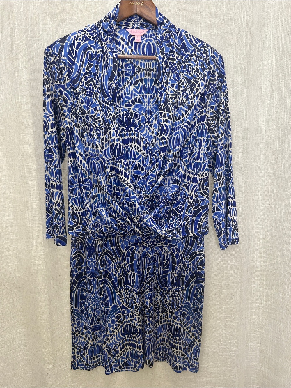 Lilly Pulitzer Silk Blue & White Printed Long Sleeve Dress size Large